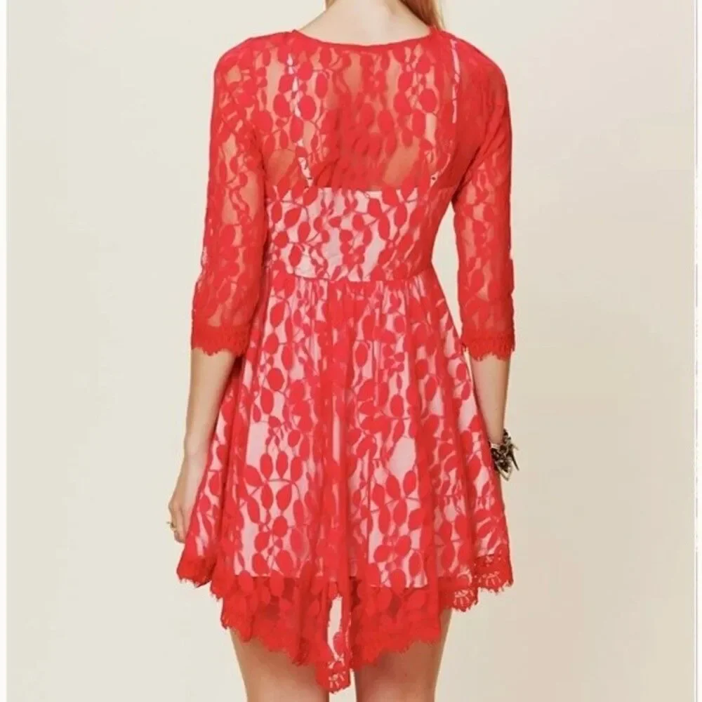 Free People Floral Mesh Lace Dress Hot Red 2